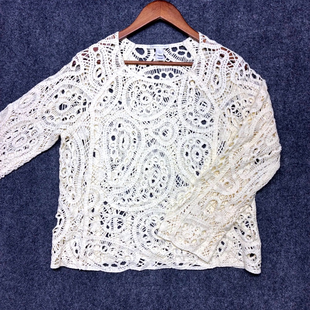 Cato Crochet Knit‎ Top Lg Cream Paisley Medallion Boho Lace Long Sleeve Hippie